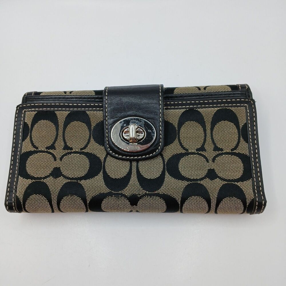 Vintage Coach Signature C Turnlock Wallet Jacquard Canvas Leather Trim